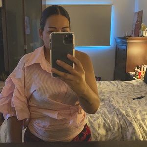 One shoulder puffy top pink